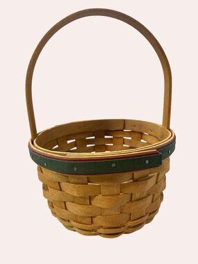 Longaberger Handmade Small Basket With Handle & Green Accent Signed 2005